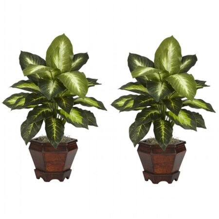 Nearly Natural Dieffenbachia with Wood Vase Silk Plant -Set of 2, 2PK 6712-S2-GD